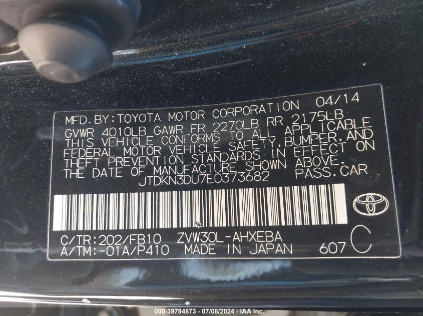 2014 Toyota Prius Two VIN: JTDKN3DU7E0373682 Lot: 39794873