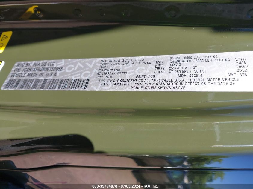 2022 Jeep Wrangler Unlimited Sahara Altitude 4X4 VIN: 1C4HJXEG3NW153958 Lot: 39794878