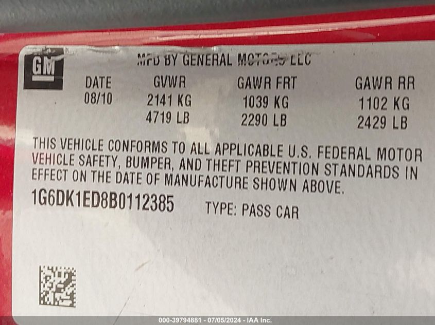 2011 Cadillac Cts Performance VIN: 1G6DK1ED8B0112385 Lot: 39794881