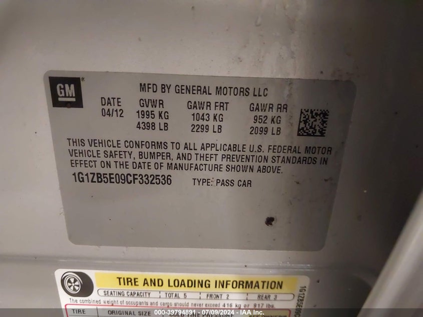 2012 Chevrolet Malibu Ls VIN: 1G1ZB5E09CF332536 Lot: 39794891