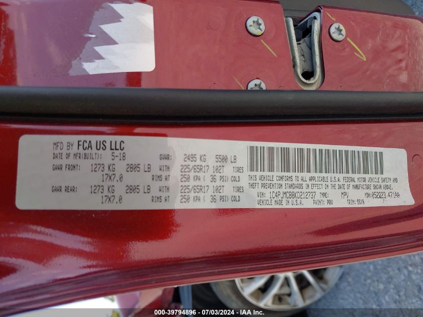 2019 Jeep Cherokee Latitude VIN: 1C4PJMCB8KD212737 Lot: 39794896