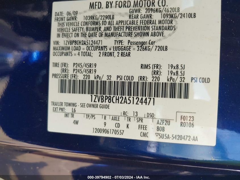 2010 Ford Mustang Gt/Gt Premium VIN: 1ZVBP8CH2A5124471 Lot: 39794902