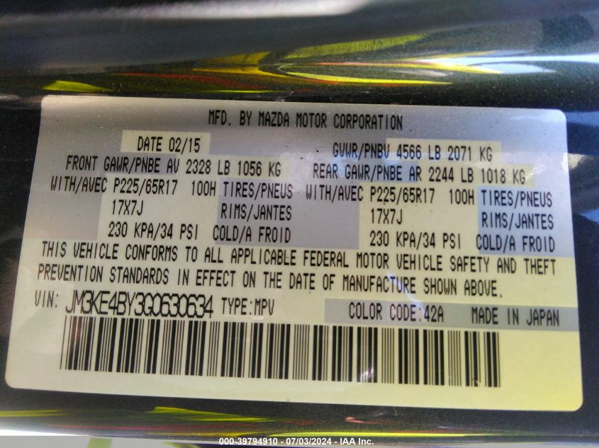 2016 Mazda Cx-5 Sport VIN: JM3KE4BY3G0630634 Lot: 39794910