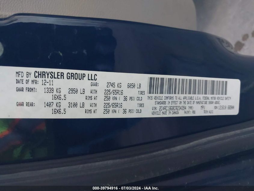 2012 Chrysler Town & Country Touring VIN: 2C4RC1BG8CR234394 Lot: 39794916