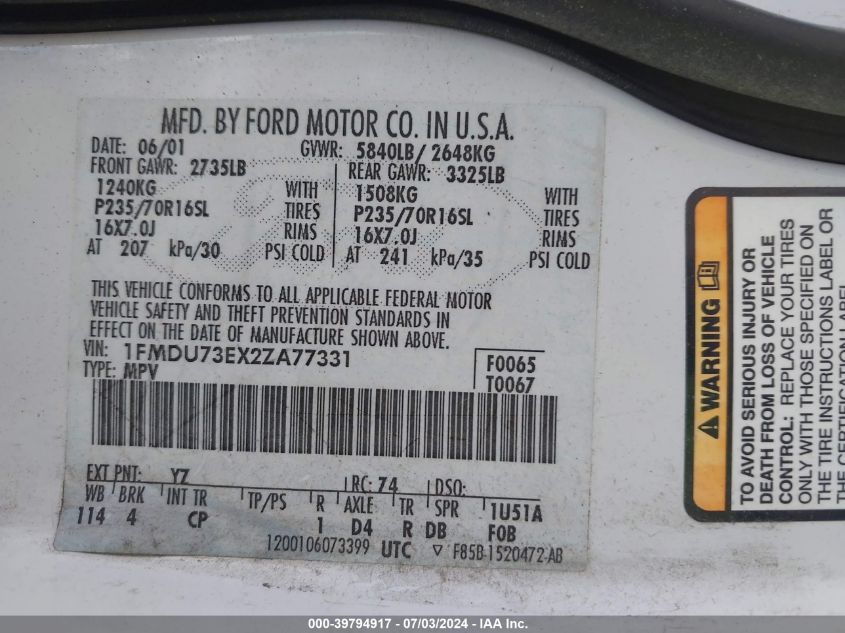 2002 Ford Explorer VIN: 1FMEU733X2A773331 Lot: 39794917