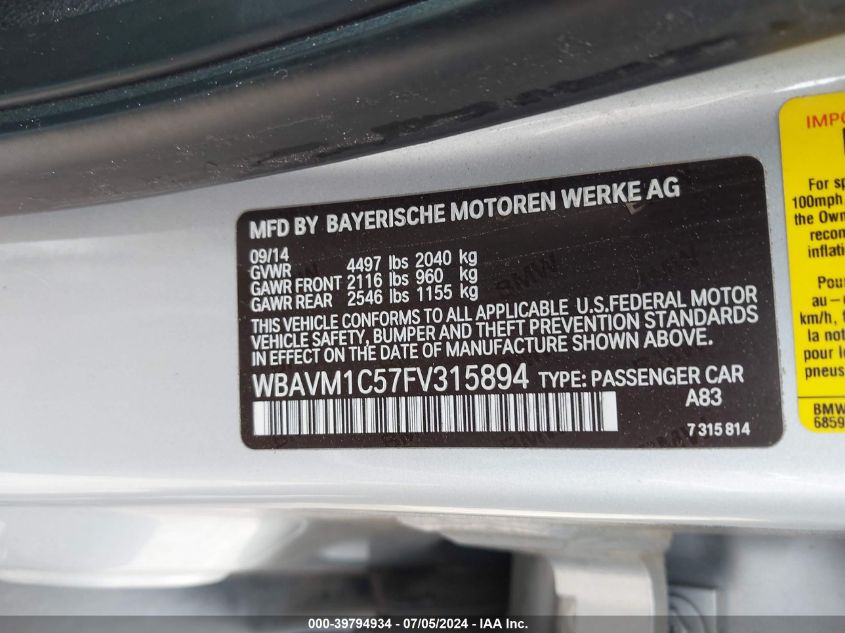 2015 BMW X1 Sdrive28I VIN: WBAVM1C57FV315894 Lot: 39794934