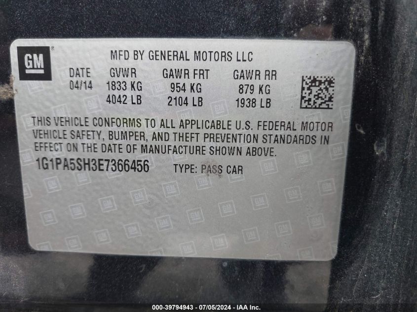 2014 Chevrolet Cruze Ls Auto VIN: 1G1PA5SH3E7366456 Lot: 39794943