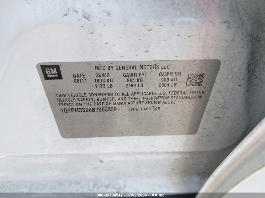 2011 Chevrolet Cruze Ltz VIN: 1G1PH5S98B7305359 Lot: 39794947