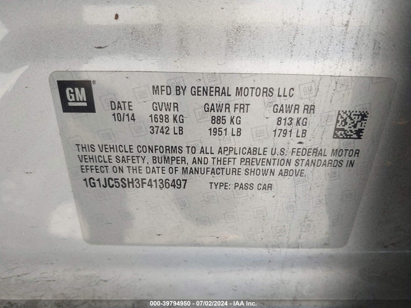 2015 Chevrolet Sonic Lt Auto VIN: 1G1JC5SH3F4136497 Lot: 39794950