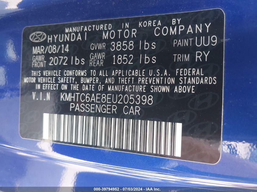 2014 Hyundai Veloster Turbo W/Black VIN: KMHTC6AE8EU205398 Lot: 39794952