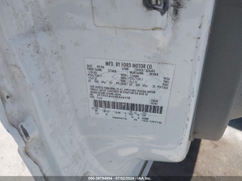 2007 Ford F-150 Fx4/Lariat/Xl/Xlt VIN: 1FTPX14V07FA24179 Lot: 39794954