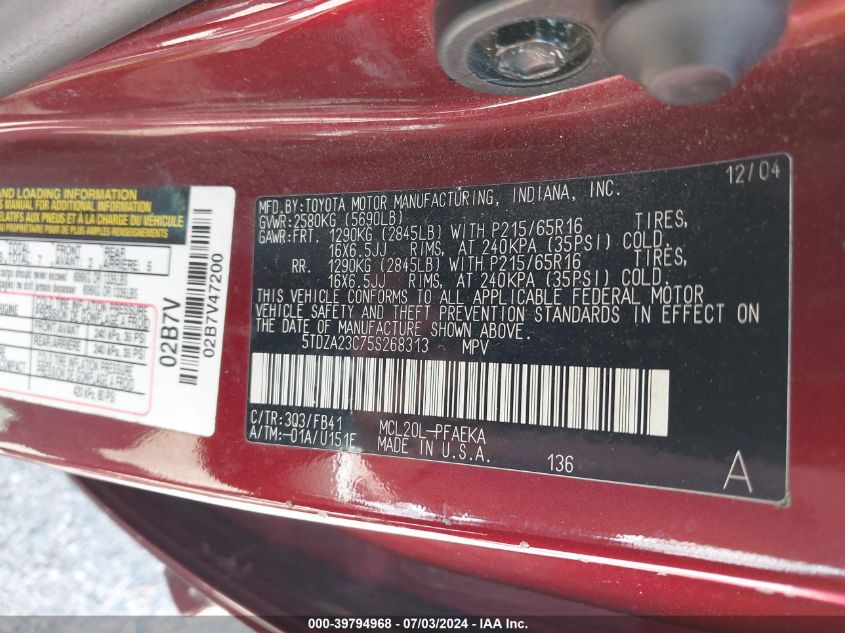 2005 Toyota Sienna Le VIN: 5TDZA23C75S268313 Lot: 39794968