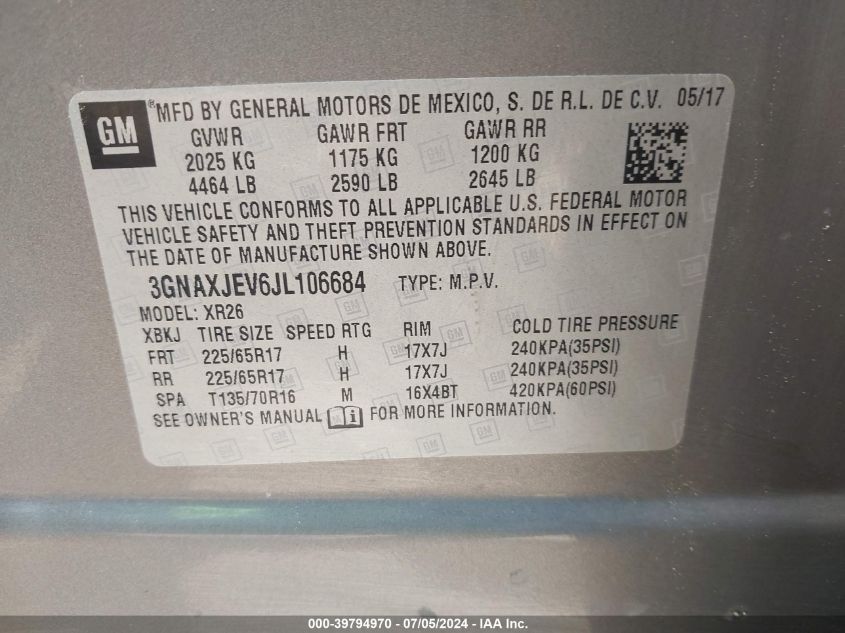 2018 Chevrolet Equinox Lt VIN: 3GNAXJEV6JL106684 Lot: 39794970