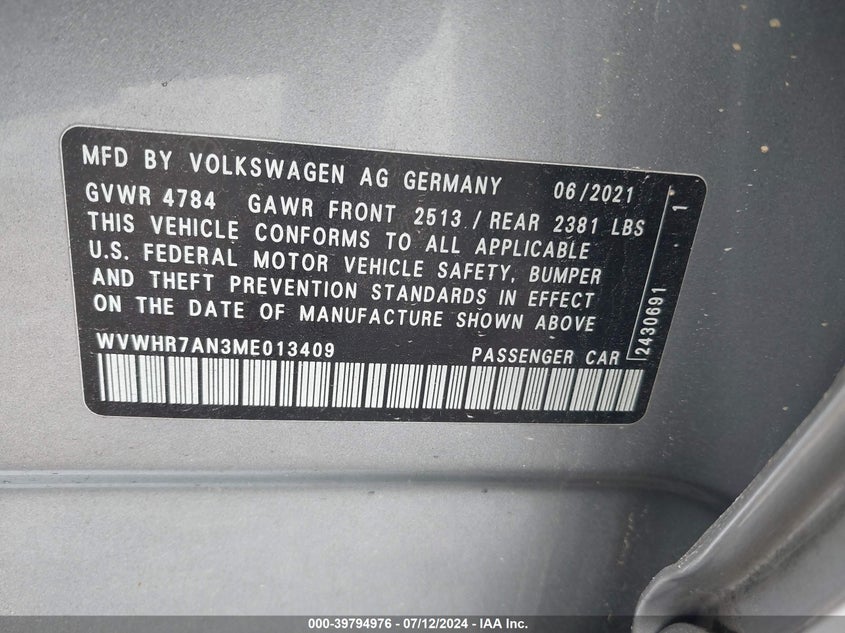 VIN WVWHR7AN3ME013409 2021 VOLKSWAGEN ARTEON 2.0T SEL R-LINE