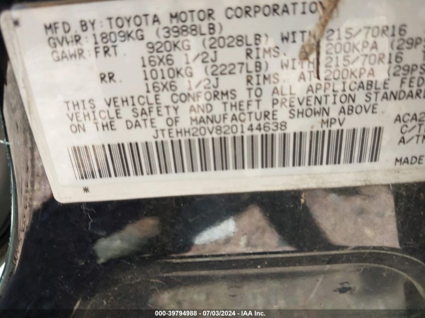 2002 Toyota Rav4 VIN: JTEHH20V820144638 Lot: 39794988