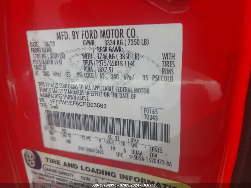 2012 Ford F-150 Lariat VIN: 1FTFW1EF5CFD03563 Lot: 39794993