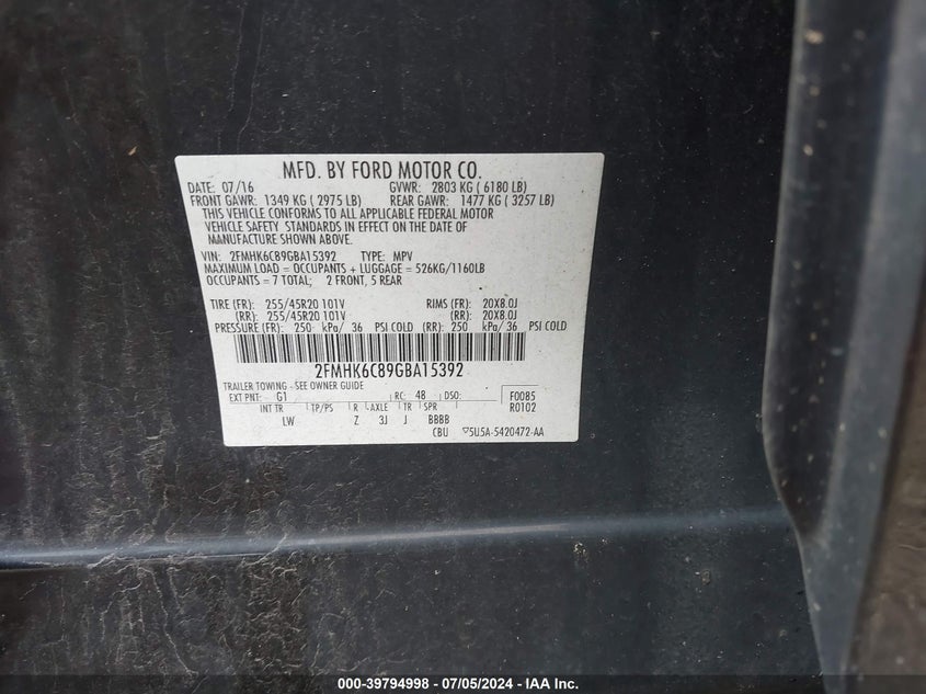 2FMHK6C89GBA15392 2016 Ford Flex Sel