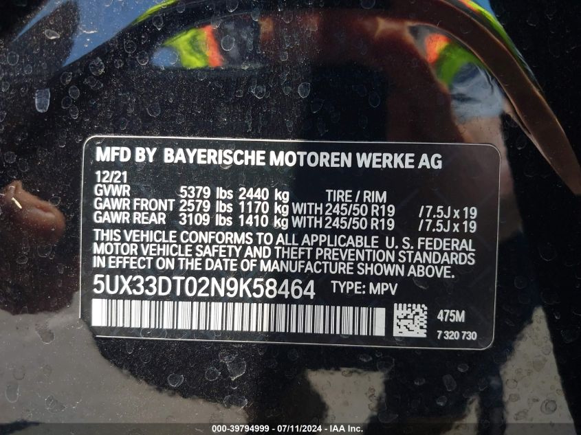 2022 BMW X4 xDrive30I VIN: 5UX33DT02N9K58464 Lot: 39794999