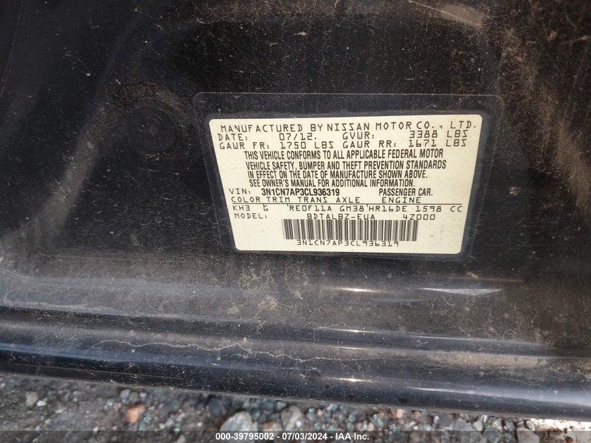 2012 Nissan Versa 1.6 Sv VIN: 3N1CN7AP3CL936319 Lot: 39795002