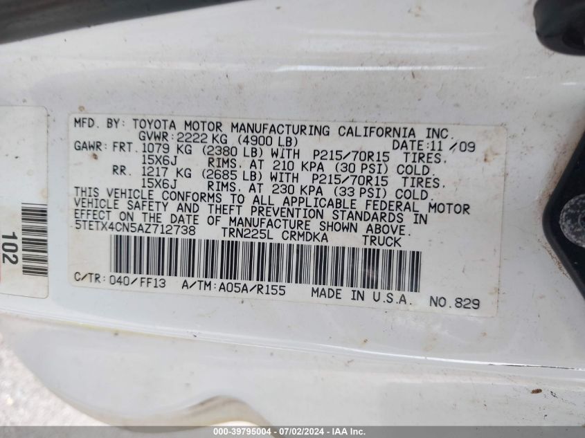 2010 Toyota Tacoma VIN: 5TETX4CN5AZ712738 Lot: 39795004