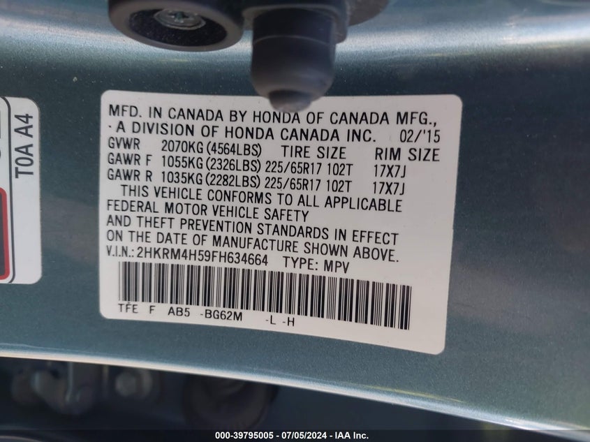 2015 Honda Cr-V Ex VIN: 2HKRM4H59FH634664 Lot: 39795005