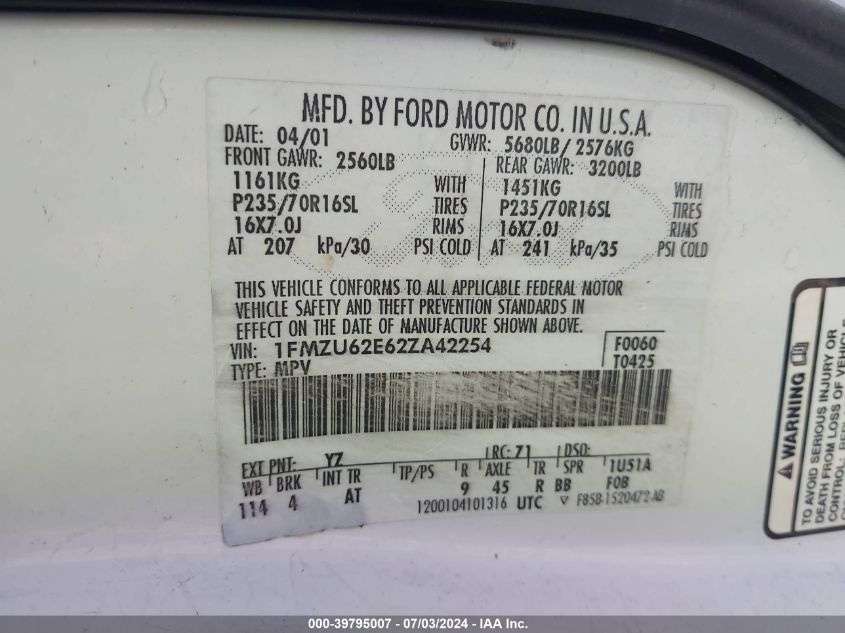2002 Ford Explorer Xls VIN: 1FMZU62E62ZA42254 Lot: 39795007
