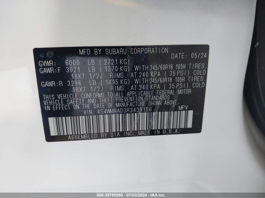 2024 Subaru Ascent VIN: 4S4WMAAD3R3439156 Lot: 39795008