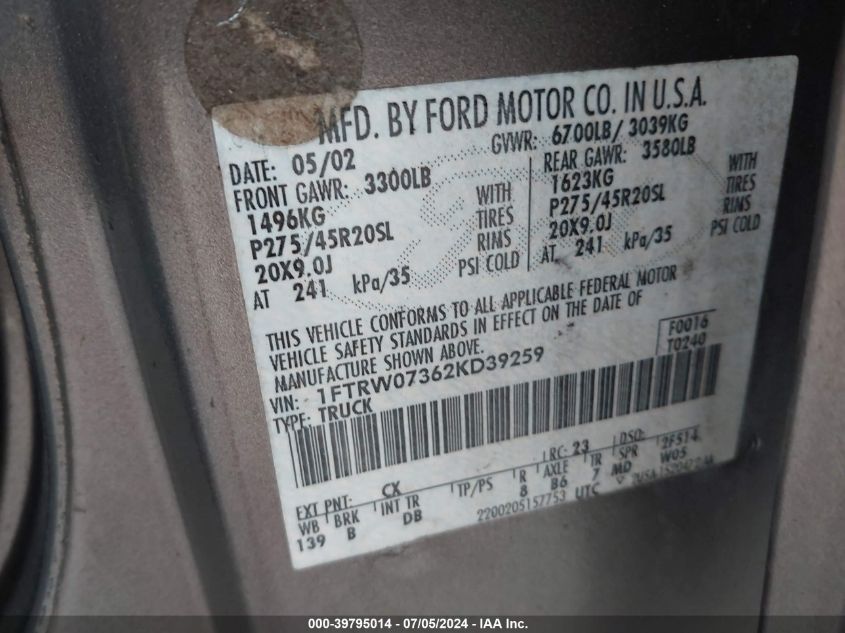 2002 Ford F-150 Lariat VIN: 1FTRW07362KD39259 Lot: 39795014