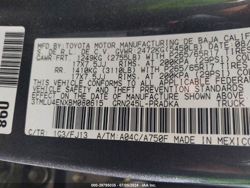 2011 Toyota Tacoma Base V6 VIN: 3TMLU4ENXBM080615 Lot: 39795035