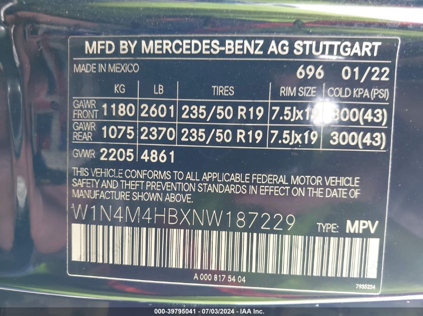 2022 Mercedes-Benz Glb 250 4Matic VIN: W1N4M4HBXNW187229 Lot: 39795041