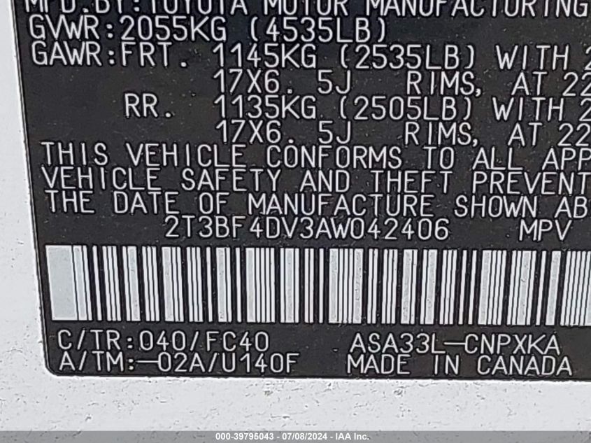 2010 Toyota Rav4 VIN: 2T3BF4DV3AW042406 Lot: 39795043