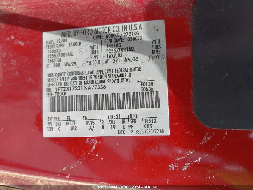 2001 Ford F-150 Xl/Xlt VIN: 1FTZX17231NA77336 Lot: 39795044