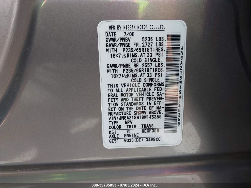 2009 Nissan Murano S VIN: JN8AZ18W19W145359 Lot: 39795053