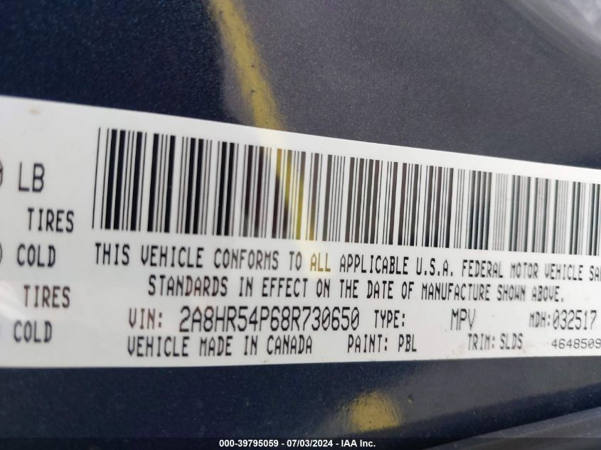 2008 Chrysler Town & Country Touring VIN: 2A8HR54P68R730650 Lot: 39795059