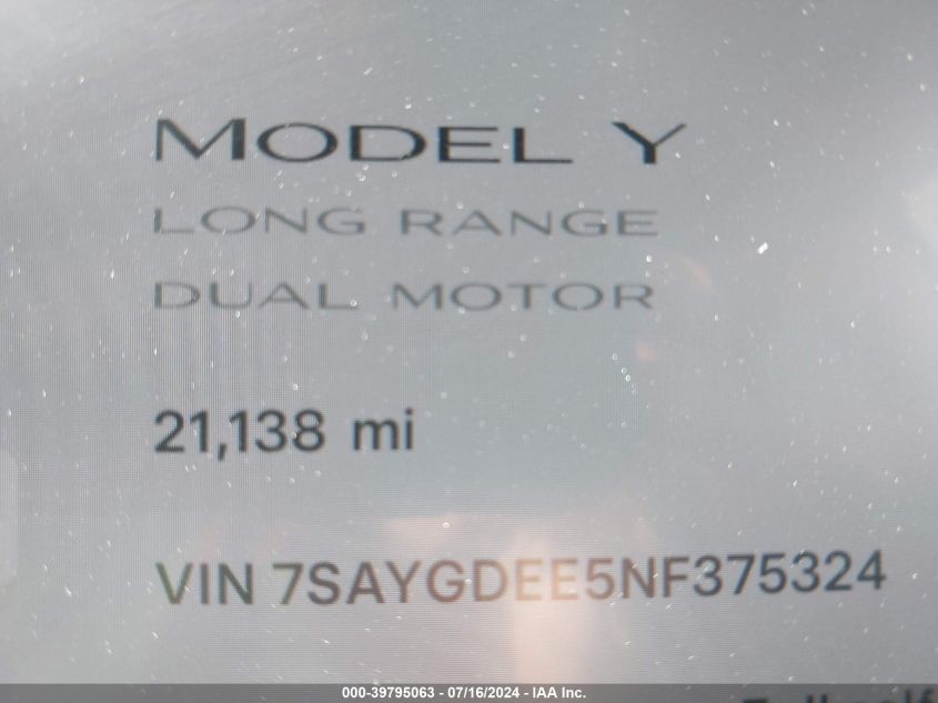 2022 Tesla Model Y Long Range Dual Motor All-Wheel Drive VIN: 7SAYGDEE5NF375324 Lot: 39795063