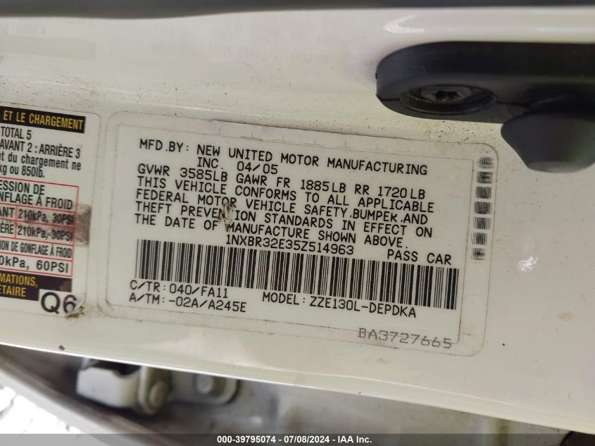 2005 Toyota Corolla Ce VIN: 1NXBR32E35Z514963 Lot: 39795074