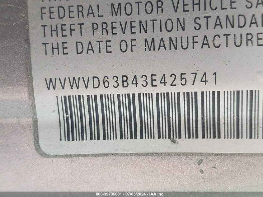 2003 Volkswagen Passat Gls VIN: WVWVD63B43E425741 Lot: 39795081