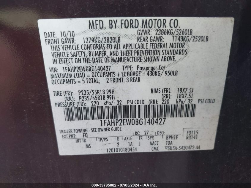 2011 Ford Taurus Sel VIN: 1FAHP2EW0BG140427 Lot: 39795082