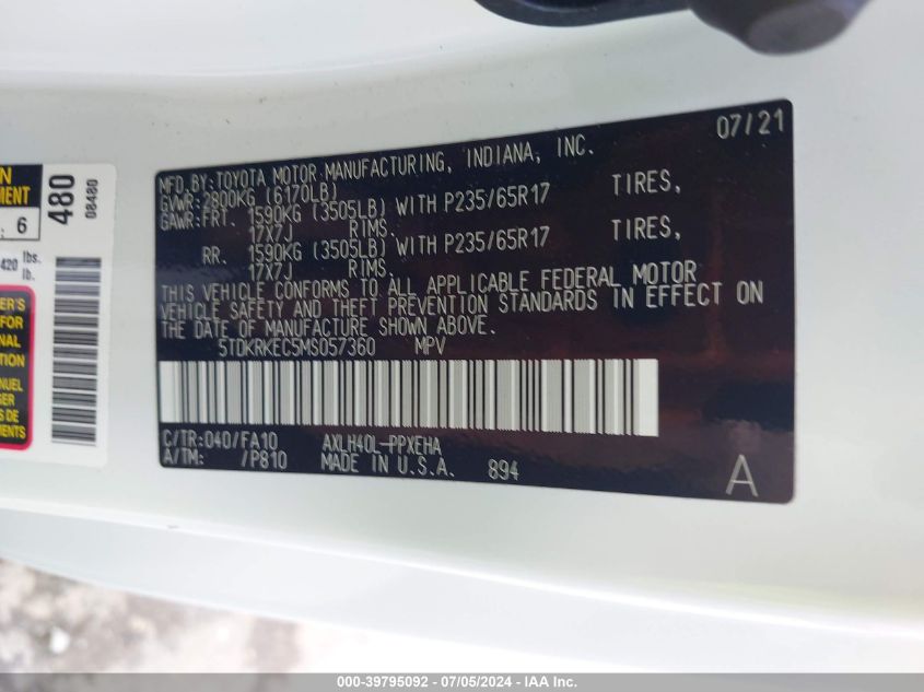 2021 Toyota Sienna Le VIN: 5TDKRKEC5MS057360 Lot: 39795092