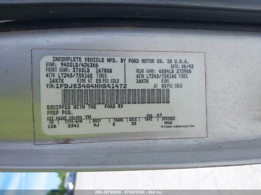 1992 Ford Econoline E350 Super Duty Van VIN: 1FDJS34G4NHB41472 Lot: 39795098