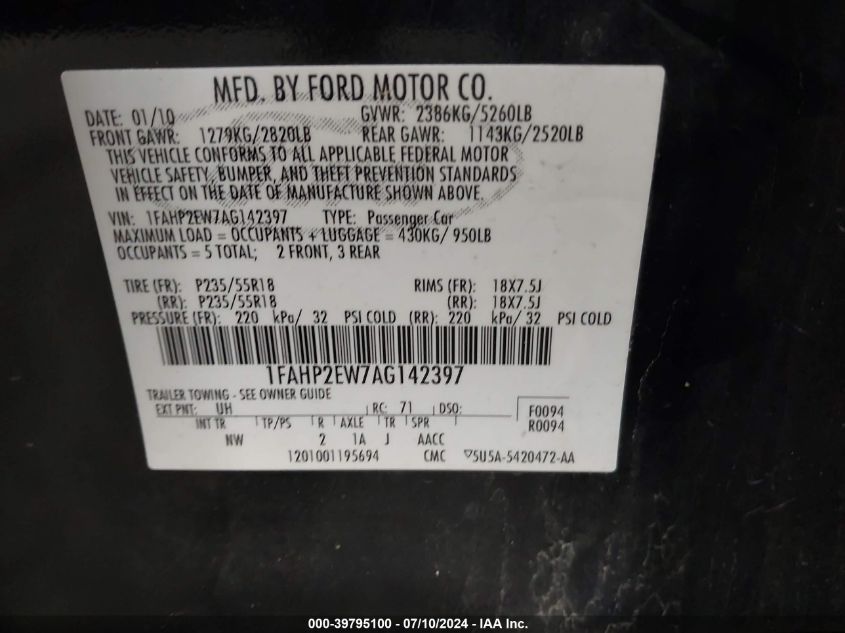 2010 Ford Taurus Sel VIN: 1FAHP2EW7AG142397 Lot: 39795100