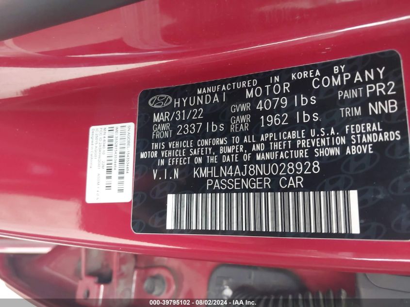 2022 Hyundai Elantra Limited VIN: KMHLN4AJ8NU028928 Lot: 39795102