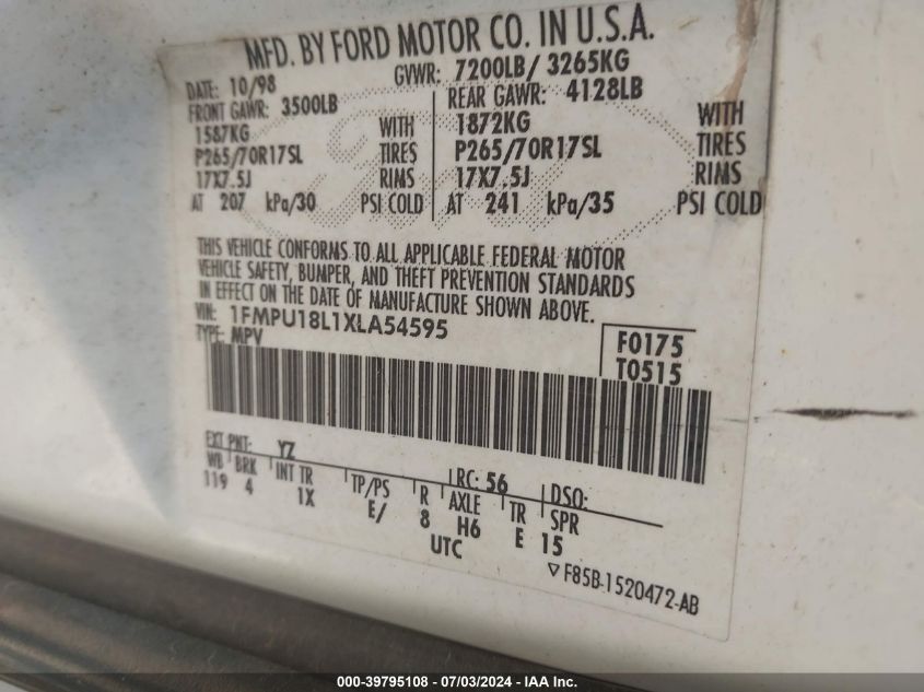 1999 Ford Expedition Eddie Bauer/Xlt VIN: 1FMPU18L1XLA54595 Lot: 39795108