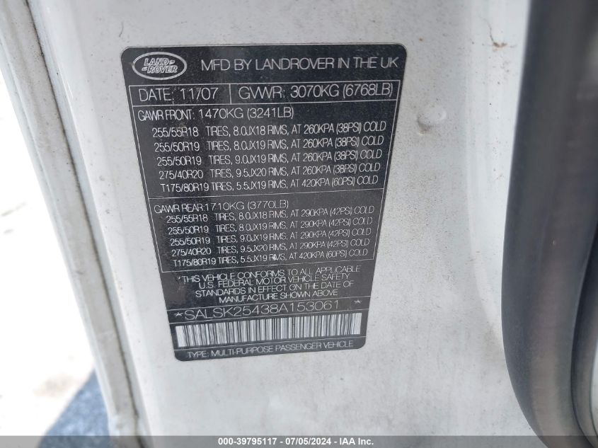 2008 Land Rover Range Rover Sport Hse VIN: SALSK25438A153061 Lot: 39795117