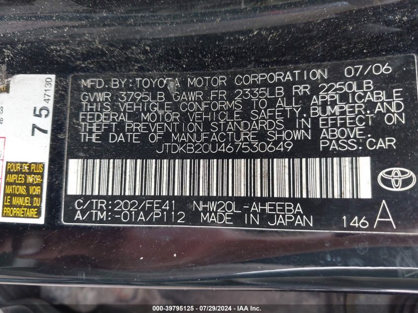 2006 Toyota Prius VIN: JTDKB20U467530649 Lot: 39795125