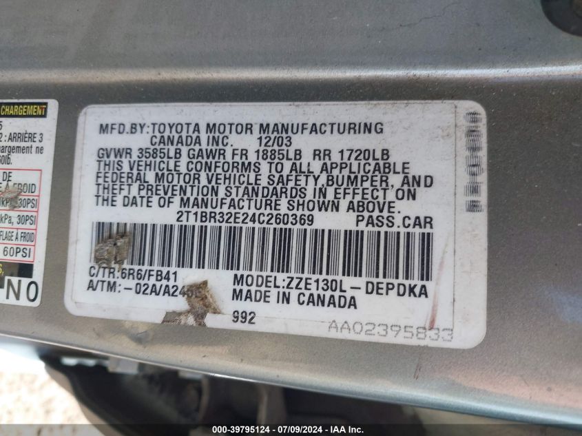 2004 Toyota Corolla Ce VIN: 2T1BR32E24C260369 Lot: 39795124