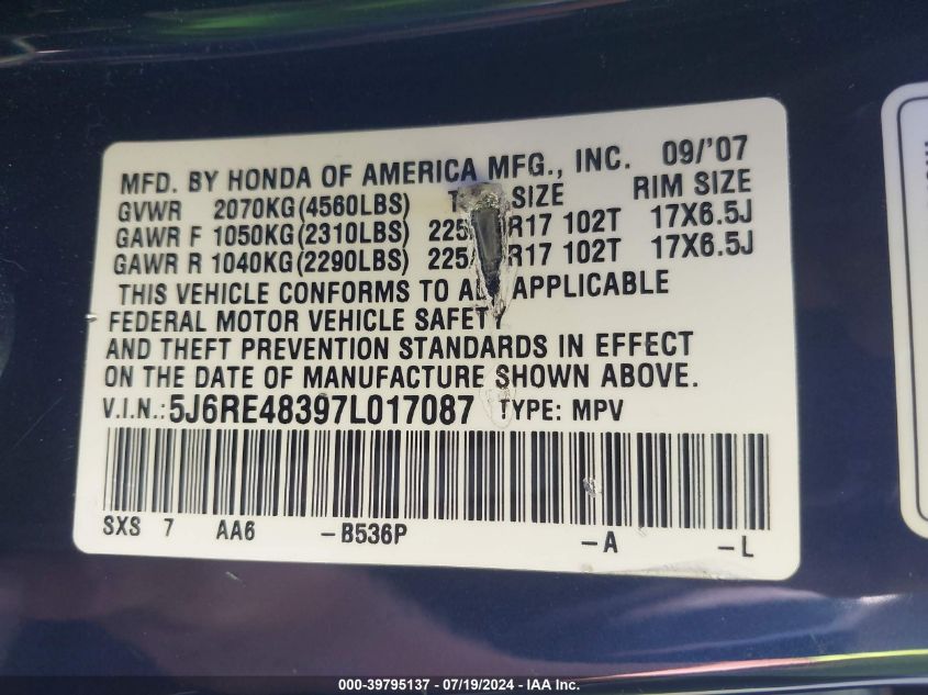 2007 Honda Cr-V Lx VIN: 5J6RE48397L017087 Lot: 39795137