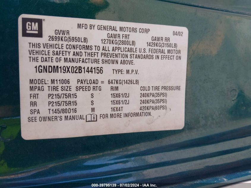 2002 Chevrolet Astro Ls VIN: 1GNDM19X02B144156 Lot: 39795139