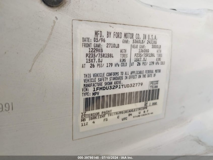 1996 Ford Explorer VIN: 1FMDU32P1TUD32779 Lot: 39795145
