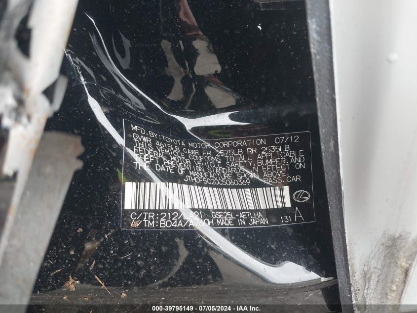 2012 Lexus Is 250 VIN: JTHCF5C20C5060369 Lot: 39795149